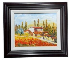 Oil Painting Tuscan Landscape Signed Sivano 14”x 12” Poppies Floral Classic